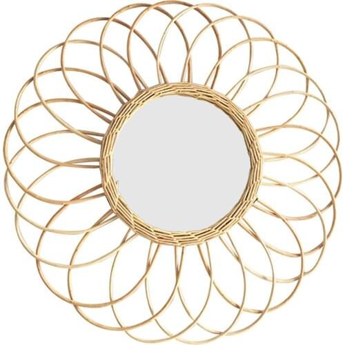 Hanging Mirror Rattan Sunflower Circular Wall Mirror Makeup Mirror Bathroom Decor Boho Wicker Dressing Mirror