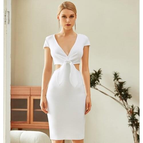 Seamyla 2021 New Winter Women Short Sleeve V Neck Clubwear Bodycon Bandage Dress Hollow Out White Celebrity Runway Party Dresses