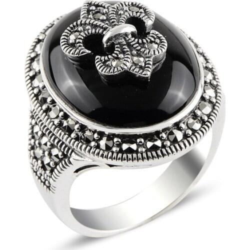 Silver 925 Sterling Onyx & Marcasite Ring