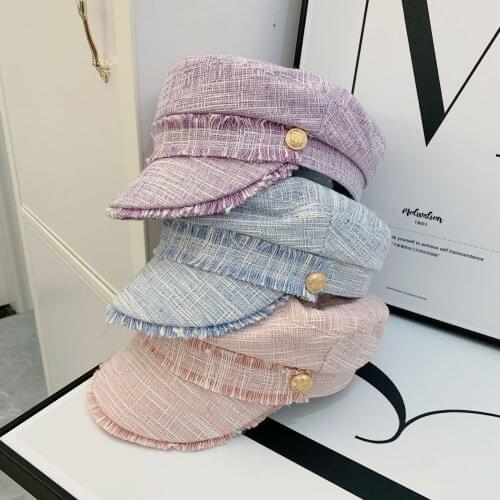 202008-708552546 autumn Classic fabric tassels Metal buckle color plaid leisure lady Octagonal hat men women visors cap