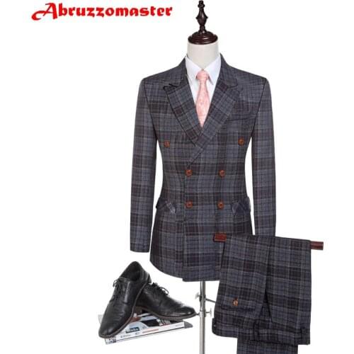 Abruzzomaster Gery Check Man Suits Double Breasted Jacket for Wedding Suits Plaid Suit Tailor Suit Groom Tuxedos (Jacket+pants)