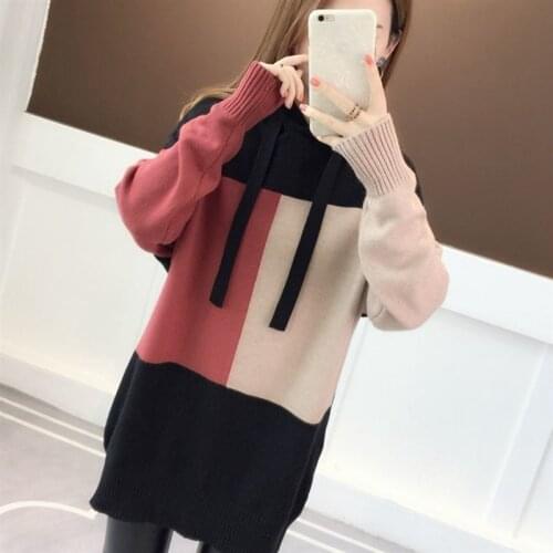 Color matching knitted hooded sweater women Korean version 2021 spring and autumn new long-sleeved sweater loose sweater