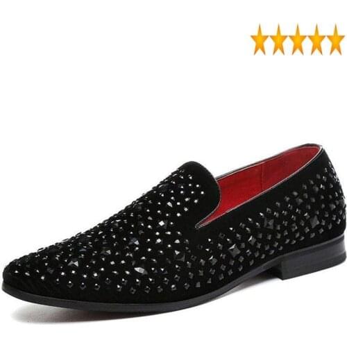 New High Quality Faux 2021 Suede Loafer With Black Rhinestone Wedding And Party Casual Shoes Slippers Big Size Men Flats