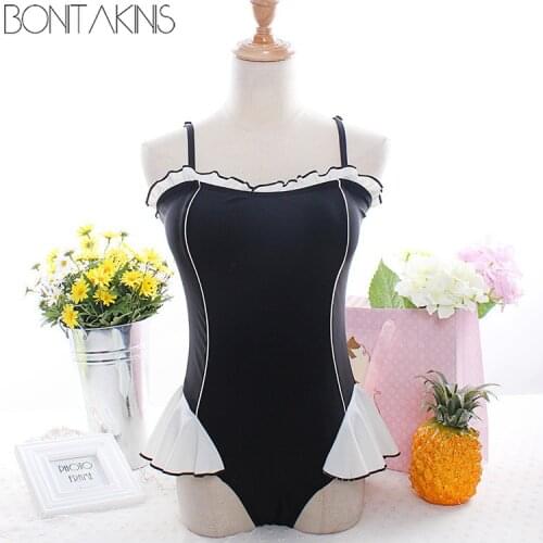 Bonitakinis Vintage Lolita Swimsuit Cute Ruffled One Piece Swimwear Lady Slim Bathing Suits Korean Style Asia Size