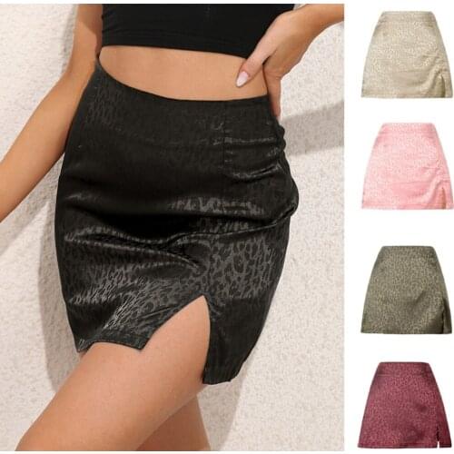 Womens Summer 2021 Leopard High Waist Split Sexy Slim Party Club Mini Skirt Jacquard Satin Zipper Short Skirt
