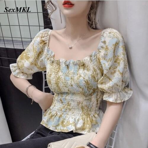 Sexy Summer Chiffon Blouses Women 2021 Fashion Casual Floral Printed Crop Corset Top Blouse Freach y2k Puff Sleeve Bustier Tops
