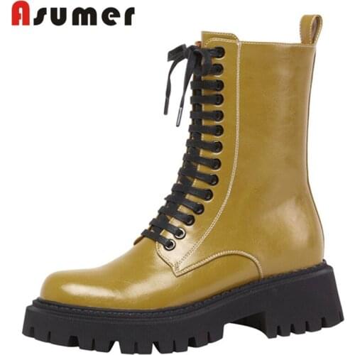 Asumer 2020 new fashion thick bottom womens motorcycle boots lace up punk casual shoes genuine leather ankle boots women