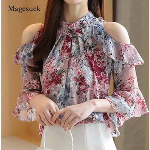 2020 Summer Chiffon O-Neck Short Sleeve Women Loose Flower Off-Shoulder Pullover Flare Sleeve Shirt Blusas Mujer De Moda 8982 50