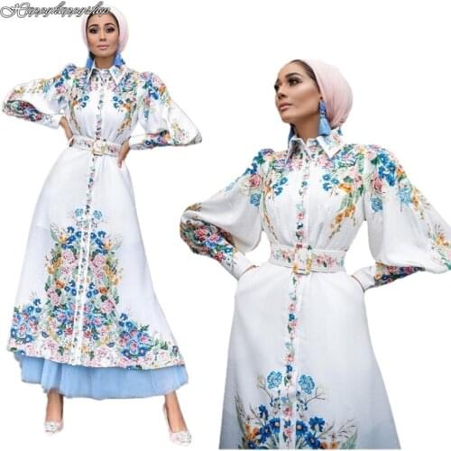 2021 New Full Long Shirt Dress Spring Printed Floral Abaya Kaftan Tunic Gown Islamic Clothing Dubai Party Arab Maxi Dresses
