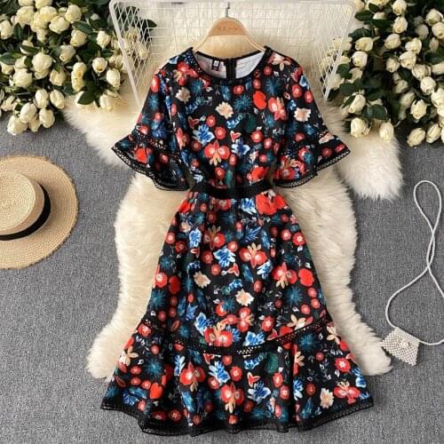 New Fashion Elegant Women Flare Short Sleeves O Neck Floral Hollow Out A Line Dress High Street Ladies Party Dresses Vestido