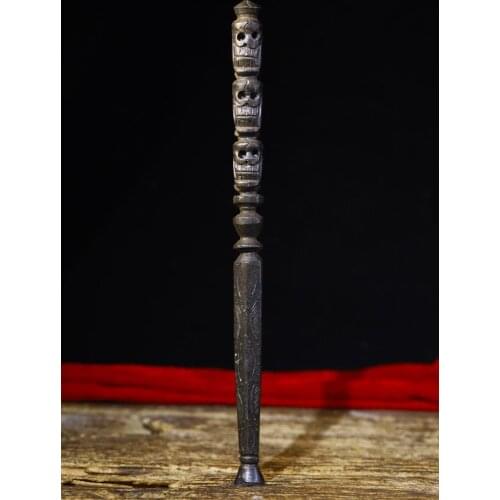 Home Decor 10" Tibet Buddhism Old Tiantie Skull statue Vajra Dorje Vajra Phurba Dagger Holder Exorcism