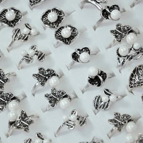 120Pcs Vintage Retro Imitation Pearls Ancient Silver Color Women Ring lot female anel Jewelry Lots Top quality LR4050