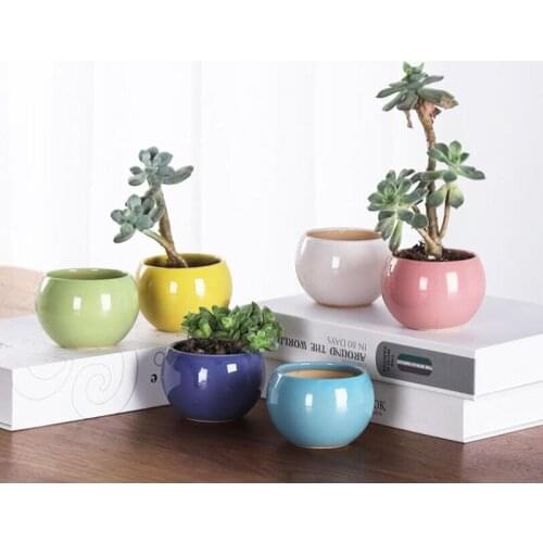 2pcs/set Ceramic Round Crafts Vase Succulent Plant Pot Flowerpot Planter Desktop Ornaments Bonsai Container Balcony Decor