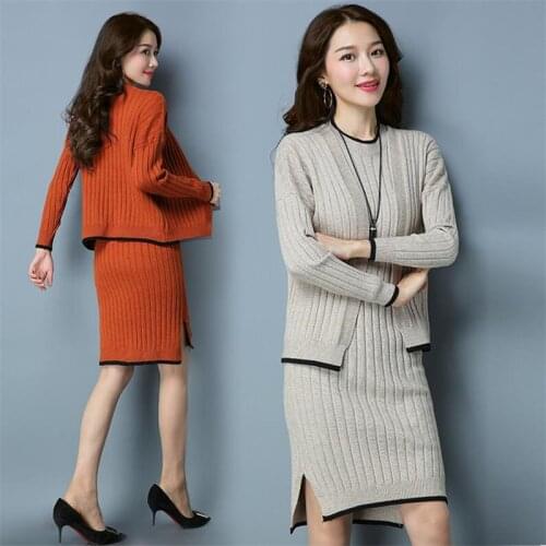 2020 New Winter Womens Solid Color Two-piece Sweater Dress Coat Loose Knit Top Jumpers Pull Femme Sweater Women Sweaters