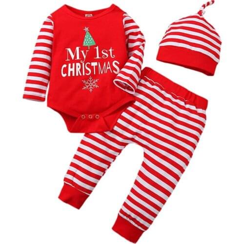 3Pcs My 1st Christmas Clothes for Baby Girl Boy Winter Long Red Stripe Tree Print Romper+ Pants+Hat Sets Bebe New Years Costume