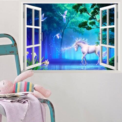 3d Window Forest Unicorn Wall Stickers For Kids Room Home Decor Mural Art Boys Decals