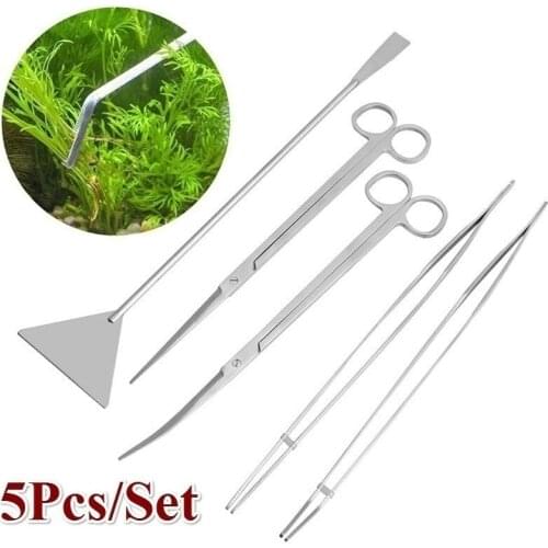 5pcs/set Aquarium Live Plant Fish Tank Tools Set Scissors Tweezers Gravel Leveler Tool