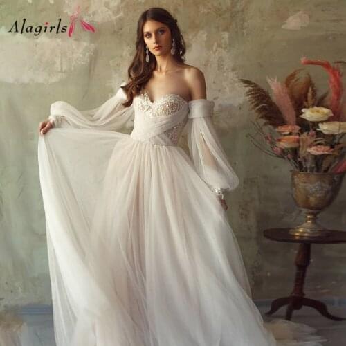 Alagirls Bohemian Strapless Wedding Dress 2020 Off The Shoulder Sleeves Court Train Vestidos Beading Beach Robe Plus Size Simple