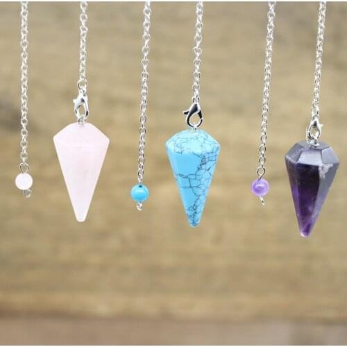 Faceted Cone Amethysts Reiki Pendulum Pendant,Healing Natural Stone Dowsing Meditation Divination Pendule Chain Jewelry,QC6005
