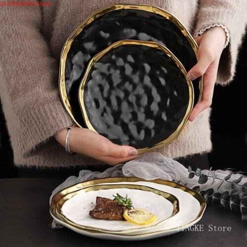 Nordic ceramic plate Fruit salad Dessert christmas plates gold plates black porcelain dinner sets Party round trays decorative