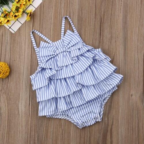 New Product 2019 Summer Baby Girls Striped Bow Sleeveless Ruffle Bodysuit Outfits