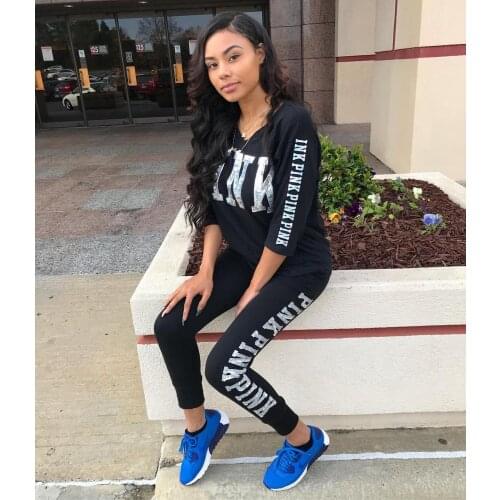 AHVIT Letter Printed Casual Hot Sale Women Two Piece Set V Neck Top And Hight Waist Long Pants Sport Suits LS6061