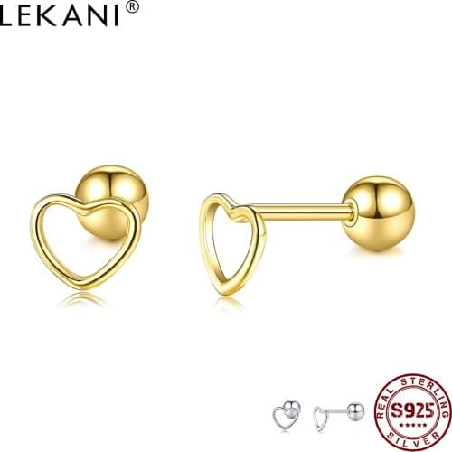 LEKANI Sterling Silver 925 Jewelry Minimalist Hollow Heart Stud Earrings For Women Romantic Gold Color Tiny Earring Wedding Gift