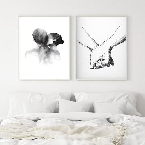 Nordic Black White Couple Kiss Hand Wall Art Canvas Poster Minimalist Print Love Painting Picture for Living Room Gift Home Deco