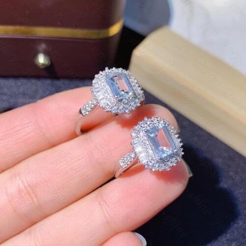 Natural Aquamarine Rings For Women Sterling Silver Color 925 Jewelry Ring Wedding Engagement Party Gemstone Fine Jewelry