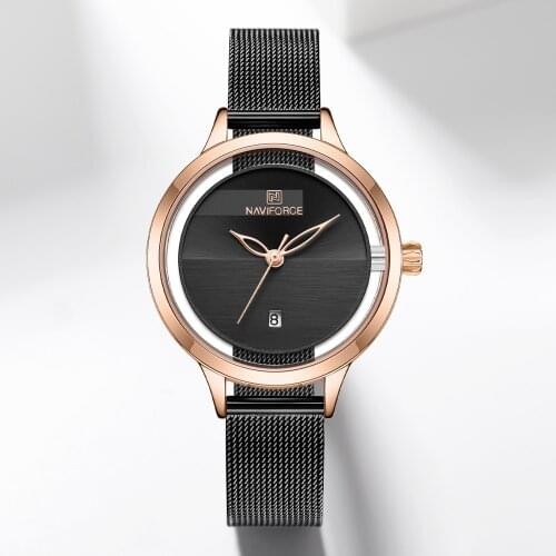 NAVIFORCE Fashion Women Watch Reloj Mujer Black Steel Mesh Belt Simple Design Quartz Wristwatches Ladies Bracelet Clocks