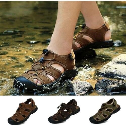 LIN KING Plus Size 50 Men Sandals Genuine Leather Summer Beach Sandals Soft Sole Casual Sports Sandals Comfortable Outdoor Shoes
