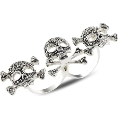 Silver 925 Sterling Dry Head Marcasite Cubic Zirconia Two Finger Ring