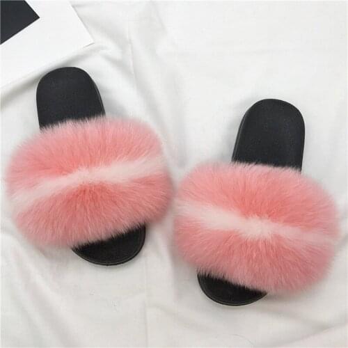 Summer womens shoes real raccoon leather slippers fluffy fox fur slippers furry sandals flat flip flops Female Plush Shoes