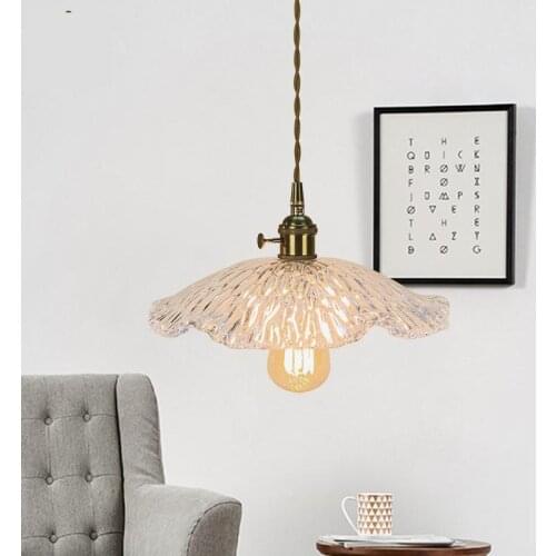 Nordic Retro Brass Glass Pendant Lamp Bedroom Bedside Pendant Light Mirror Porch Balcony Bay Window Lotus Leaf Hanging Lamp