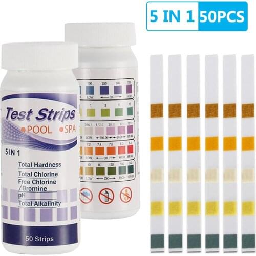 50PCS 5-in-1 Water Quality Test Strip Aquarium Fish Tank Swimming Pool Drinking Water PH Chlorine Test Strip Paper