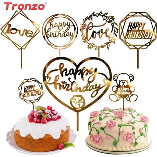 Tronzo Golden Flash Crylic Cake Topper Love Wedding Happy Birthday Cupcake Toppers Cake Flags For Party Cake Decoration Toppers