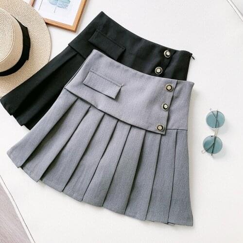 Women Black Mini Skirt Irregular Skirt Fashionable High Waist Legs Slim Button Decoration Ladies A-Line Skirts Vintage Casual