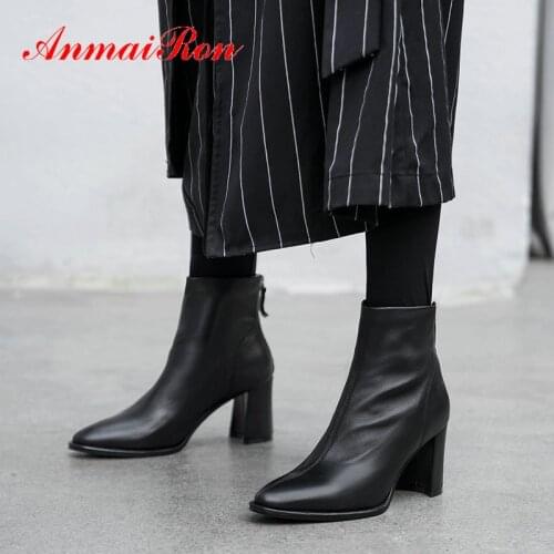 ANMAIRON 2020 Elegant Genuine Leather Ankle Boots for Women Basic Women Shoes Zip Pointed Toe Square Heel Winter Women Boots