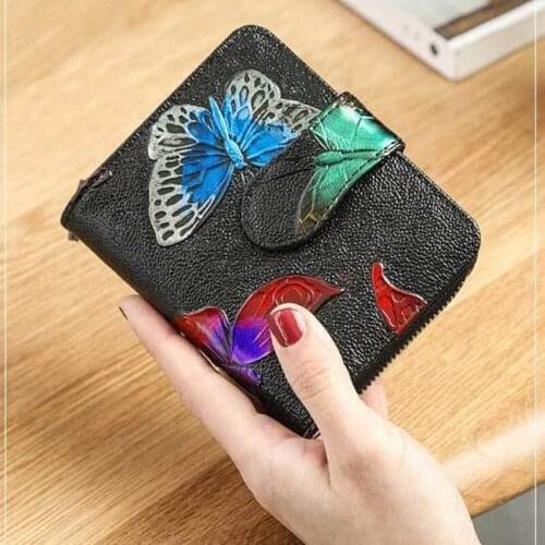 Genuien Leather Wallet Womens Short Multi Card Holder Anti-theft Card Bag Simple Large Capacity Fashion Design Buckle Purse