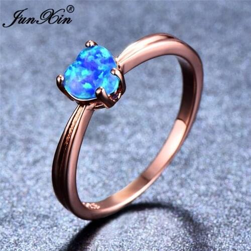 JUNXIN Cute Female Small Heart Ring Fashion White/Blue Fire Opal Stone Ring Rose Gold Filled Wedding Engagement Rings For Women