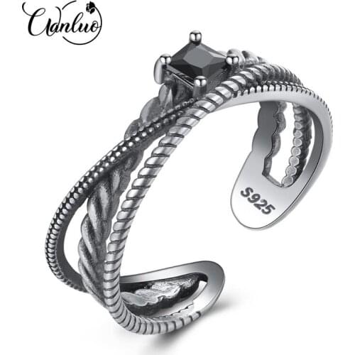 WANLUO Vintage Twisted Silver 925 Sterling Hollow Design Open Rings For Women Black Zircon Jewelry Anillos Para Las Mujeres 2018