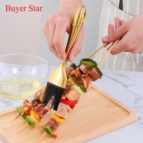 Gold Hangable Stainless Steel Handle Oil Brushes Barbecue brush Silicone Pastry Brushes BBQ Cake Pastry Cooking Kitchen Gadgets