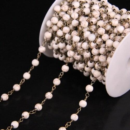 5Meter/lot,6mm Turquoises Round Bead Rosary Chain,White Turquoises Link Brass Wire Wrapped Chain Necklace Bracelet