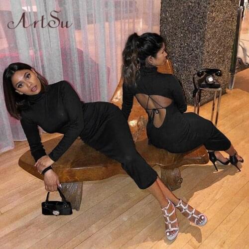 Artsu Hollow Out Bodycon MIDI Dress Sexy White Party Club Mini Women Black Dress Spring High Neck Dress Vestidos ASDR70195