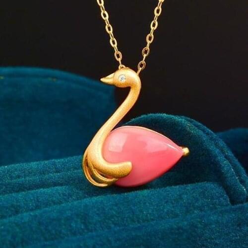 Designer original new pink color stone little swan necklace pendant cute beautiful elegant lady silver jewelry