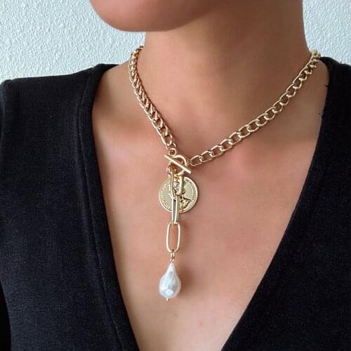 Gold Color Coin Jewelry Baroque Simulated Pearl Necklace with Toggle Clasp Pendants Womens Neck Chain Costume Jewellery