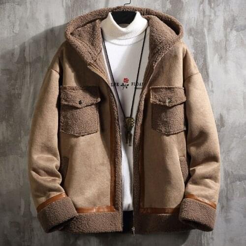 2020 New Arrivals Hooded Mens Lamb Fur Coat Winter Mans Faux Fur Jacket Coats Khaki Clothing 5XL European Style Overcoats B777