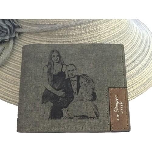 Custom Family Photo Men Wallet Grey Fabric Short Purse Men Engrave Name Friend Short Wallet Zipper Pockets Best Gifts for Friend