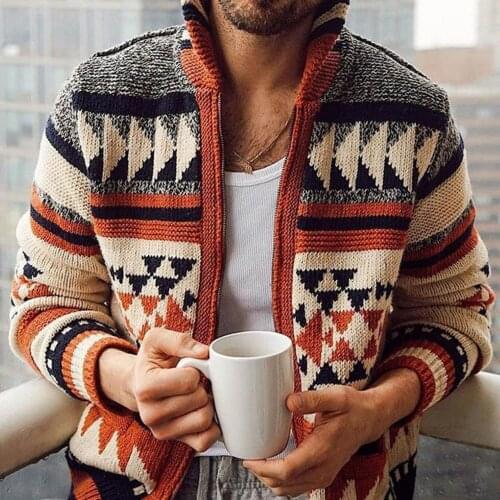 Autumn Winter Men Long Sleeve Cardigan Jacquard Weave Sweater Outerwear Coat