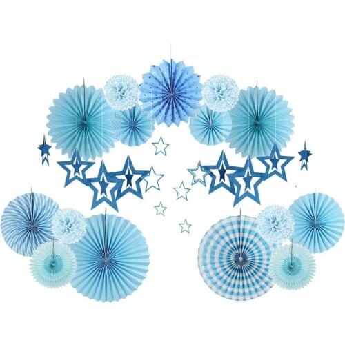 12pcs Blue Paper Decorations Set Hanging Star Ornaments Garland Paper Fans Rosette Baby Boy Shower Birthday Party Supplies